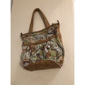 EBISU Bohemian Tote Handbag Coral/ Rust Trim Braided Handles Blue Brown Retro